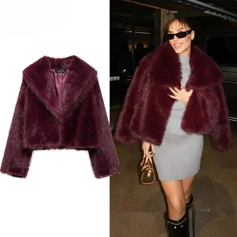 Женское пальто AzaleeKa из искусственного меха бордовое
