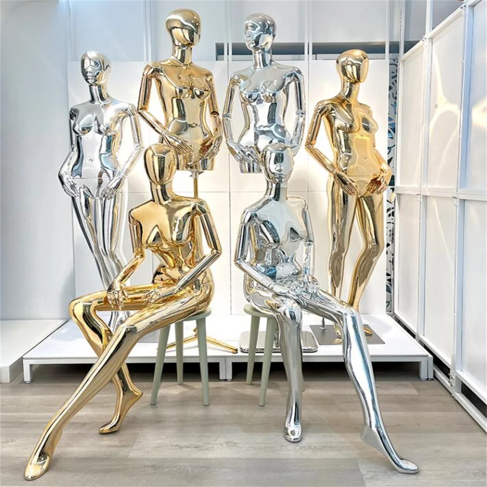 

2023 Whole Body Electroplating Full Female Hand Mannequin Props Women Clothing Store Display Stand Sitting Posture Model E016