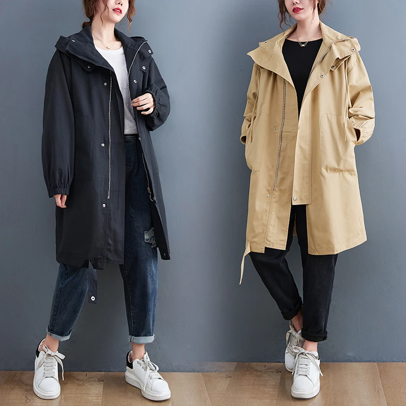 

2023 New Spring Autumn Women Loose Trench Coat Long Hooded Collar Trench Zipper Cotton Long Sleeve Tops Outerwear Female
