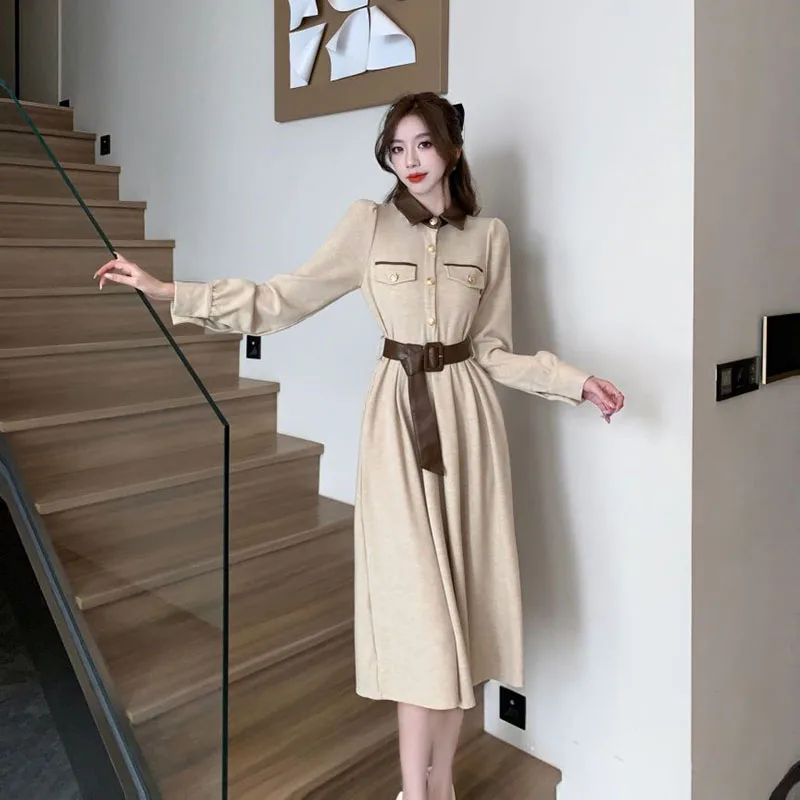 

Jmprs Patchwork Dress Women Elegant Long Sleeve Turn Down Collor Belt Pu Autumn Winter Dress Fashion Casual Office Lady Skirt
