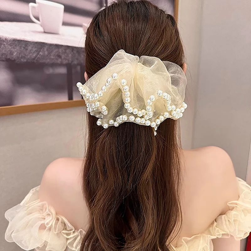 Женское кольцо для волос с жемчужной сеткой, 1 шт., темпераментная жемчужная органза, кольцо для большого кишечника, Корейская версия, веревка для волос, аксессуары для волос