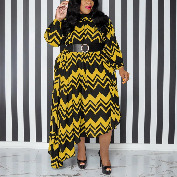 4XL 5XL Plus Size Dresses for Women Geometric Printed Ful Sleeve High Waisted Asymmetric Loose Mid Calf Large Party Birthday Big
