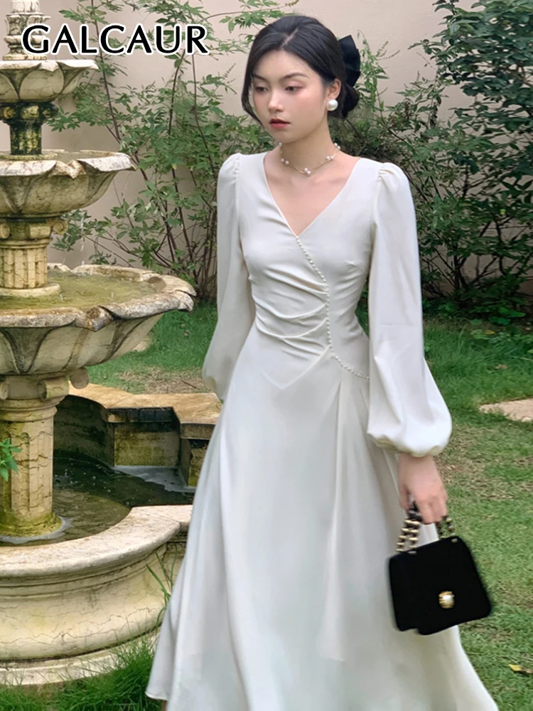 

GALCAUR Patchwork Solid Dresses For Women V Neck Lantern Sleeve High Waist Minimalist Mid A Line Dress Female Summer 2022 New