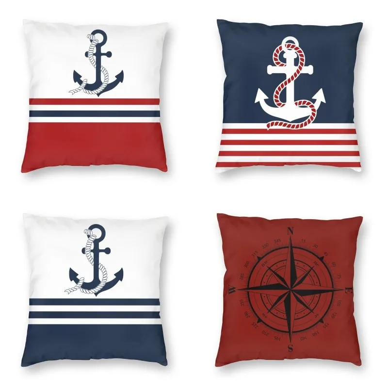 

Nautical Blue Anchors With Stripes Cushion Cover Sailing Sailor Velvet Modern Throw Pillow Case Living Room Decoration