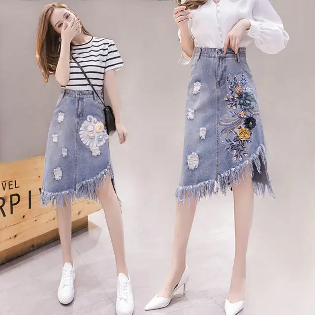 

Women 2022 Summer New Fashion Midi Denim Skirts Female High Waist Holes Skirts Ladies Floral Embroidered Jeans Skirts O159