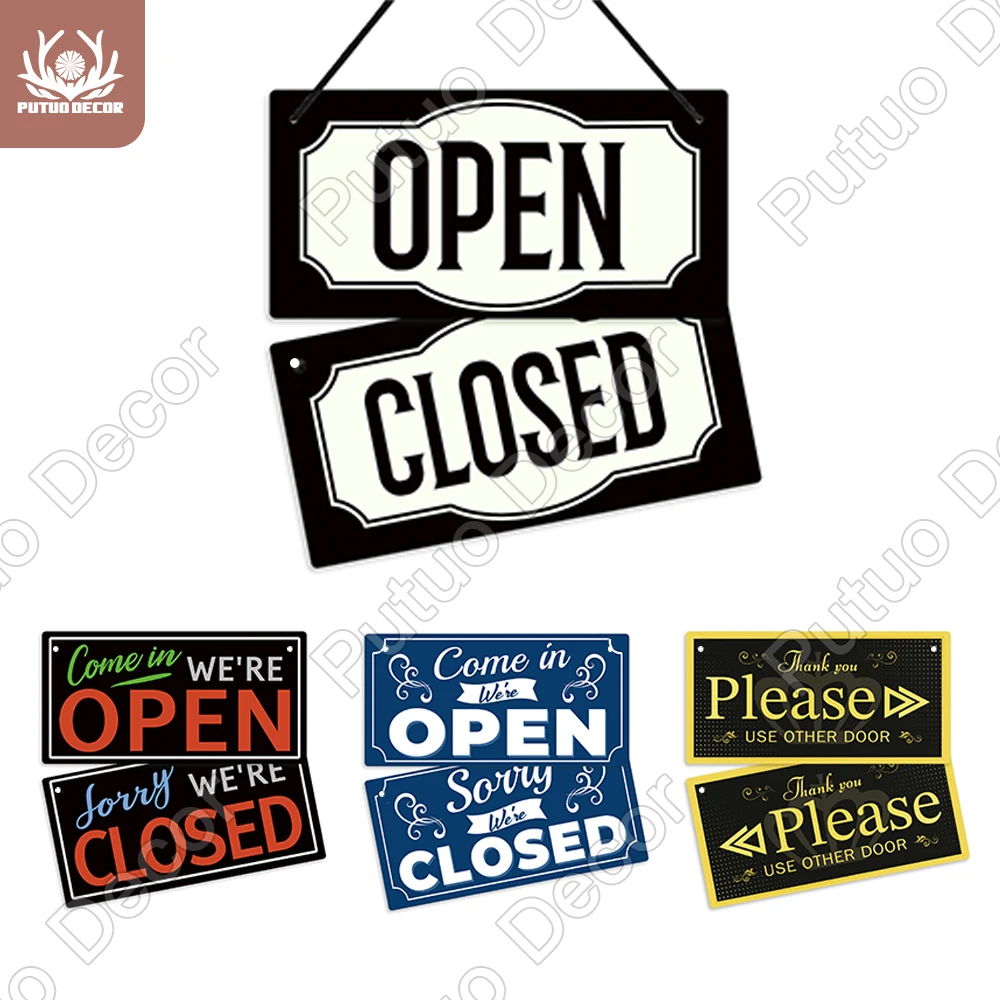 Putuo Decor Open Closed Sign PVC Hanging Plaque Reversible Double Sided Sign for Store Bar Cafes Pubs Door Window Wall Art Decor