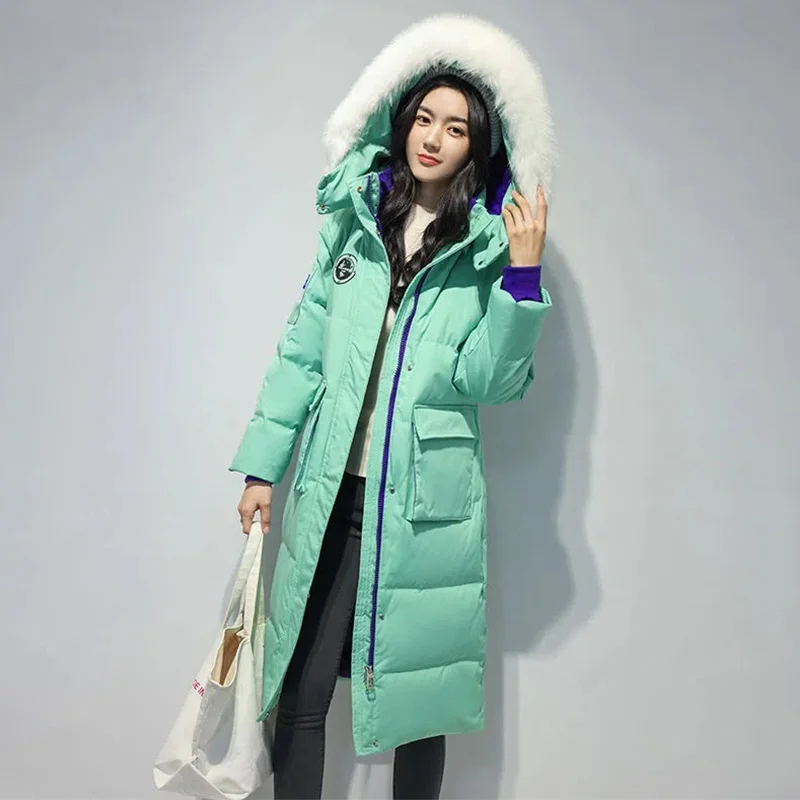 Down Jackets Female Winter 2022 New Thickened Big Hair Collar Long Knee Loose Pure Color Thin Warm White Duck Down Coats Women