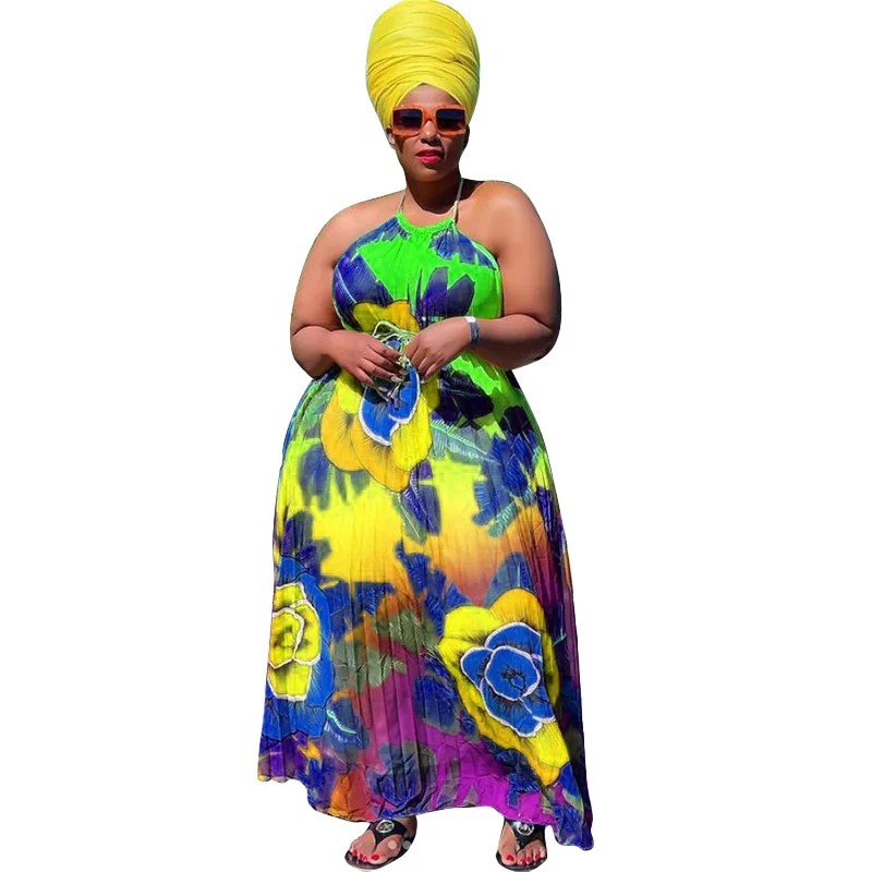 Plus Size Dresses African Women Clothing 2023 Spring Summer Loose Pleated Backless Halter Printing 3xl 4xl 5xl 6xl