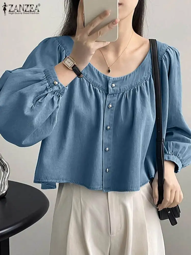 

ZANZEA Denim OL Shirts Women Cropped Tops Fashion O Neck Long Puff Sleeve Blusas Spring Autumn Blouse Casual Loose Chemise Tunic