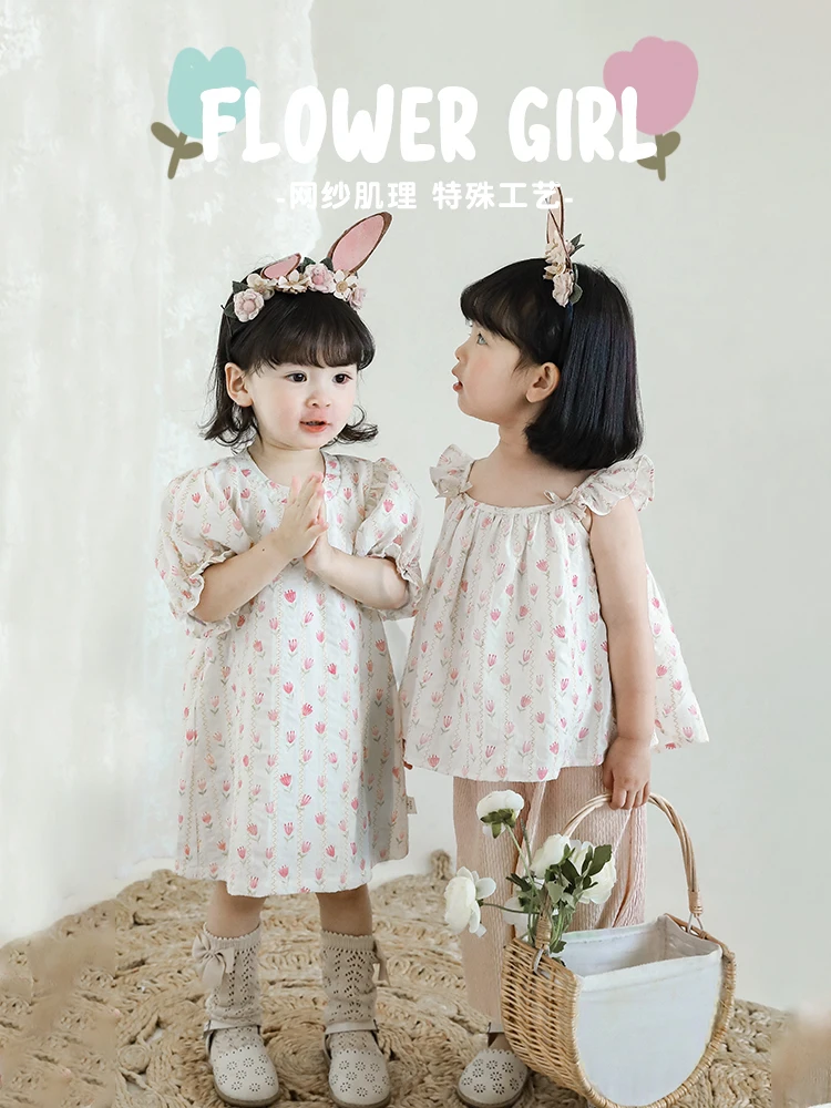 

Girls' Sweet Puff Sleeve Dress 2022 Summer New Bow Baby Slim Vest Shirt Trendy
