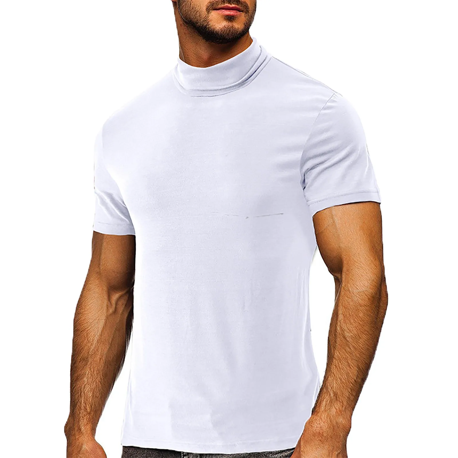 

Male Spring And Summer Solid T Shirt Blouse High Collar Turtleneck Short Sleeve Tops T Shirt Mens Dry Fit T Shirts