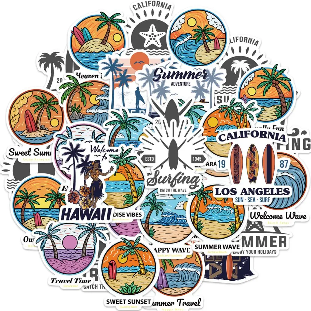 

10/15/30pcs Outdoor Hawaii SurfingTropical Beach Trip Cruise Decal Sticker Skateboard Helmet Guitar Gift Candy Toy PVC Sticker
