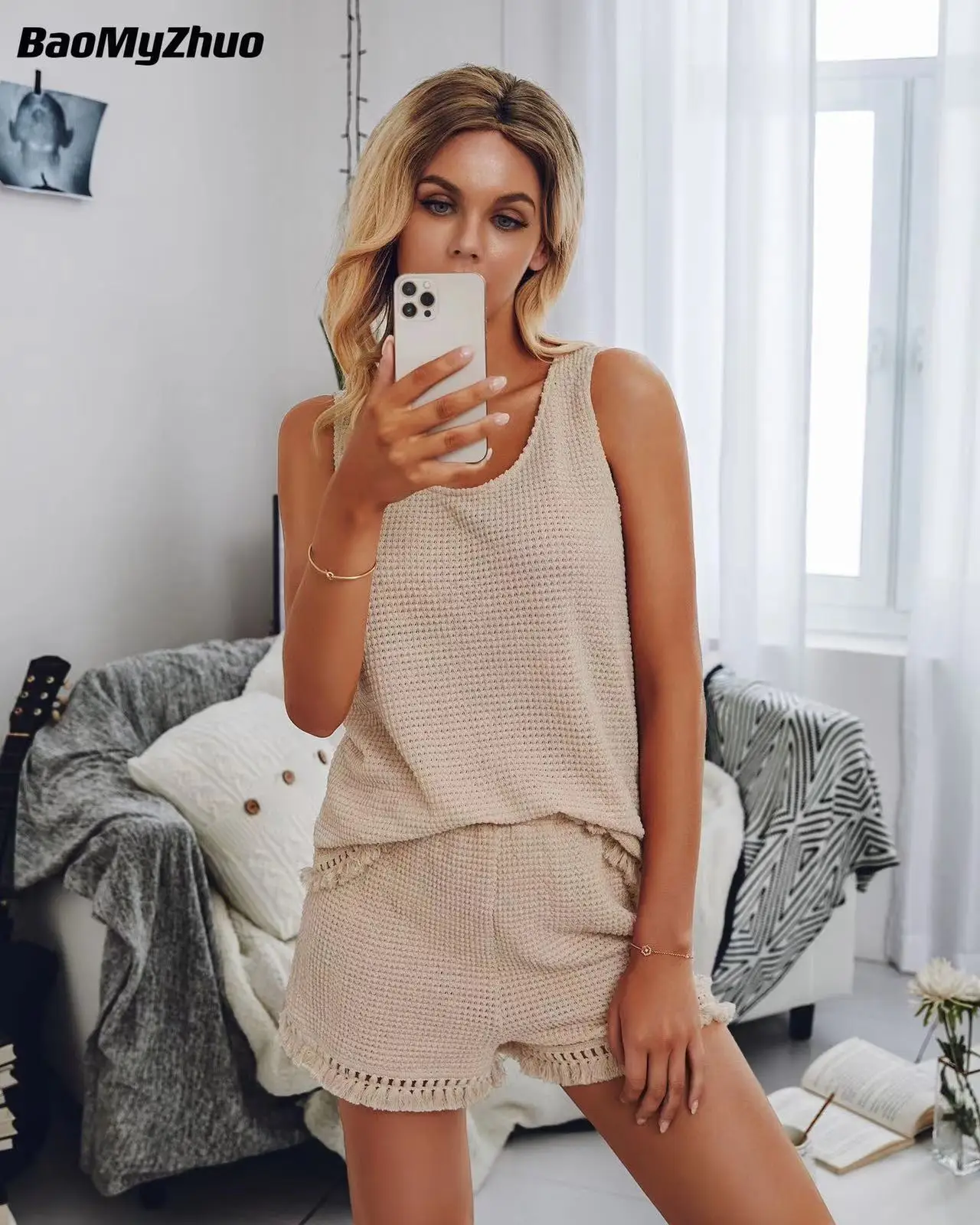 

2022 Summer Beach Two Piece Set Women Casual Solid Tassel Tracksuit Loungewear Sleeveless Tops Slim Shorts Suit Female Clothing