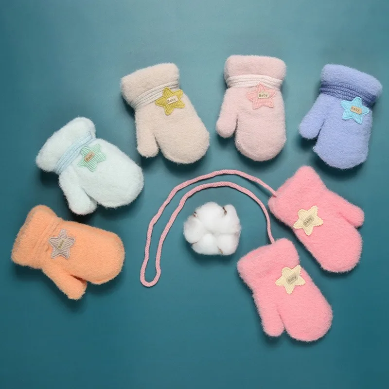 

0-6M Soft Plus Velvet Baby Boy Girl Cute Gloves Newborn Mittens Outdoor Warm Rope Full Finger Kids Gloves Children Thick Fleece