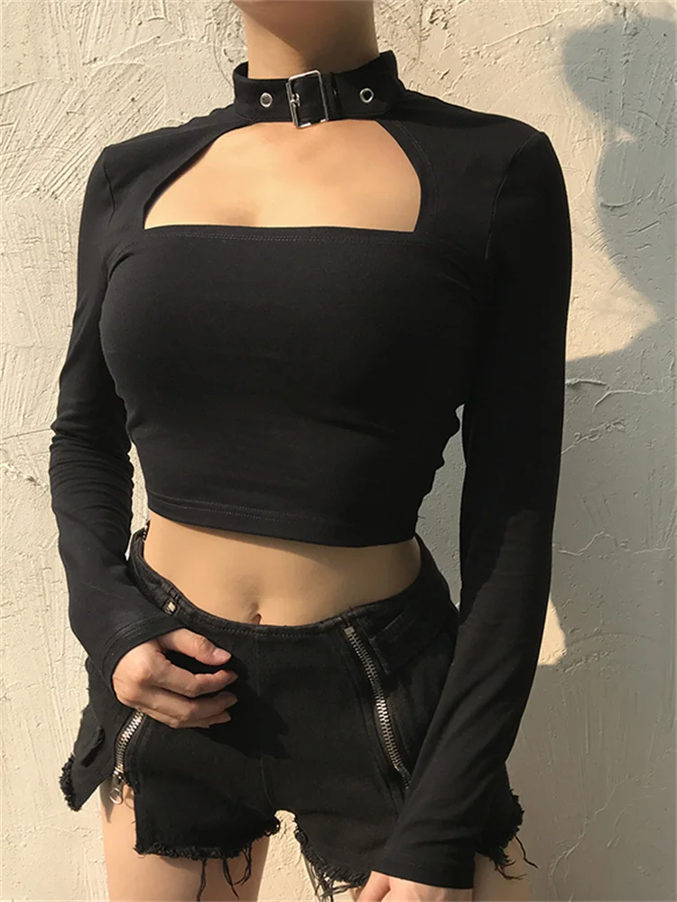 

Vintage Streetwear Gothic Choker Halter T shirt Crop Tops Autumn Cut Out Sexy Long Sleeve Tshirt Women Cotton Tops Tee Clothes