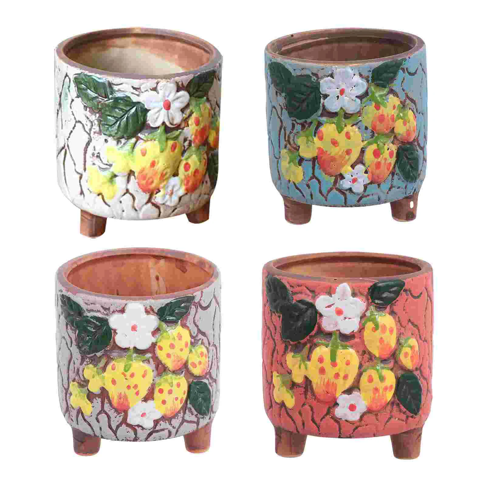 

4Pcs Hand Printed Flowerpot Strawberry Pattern Planter Household Flowerpots