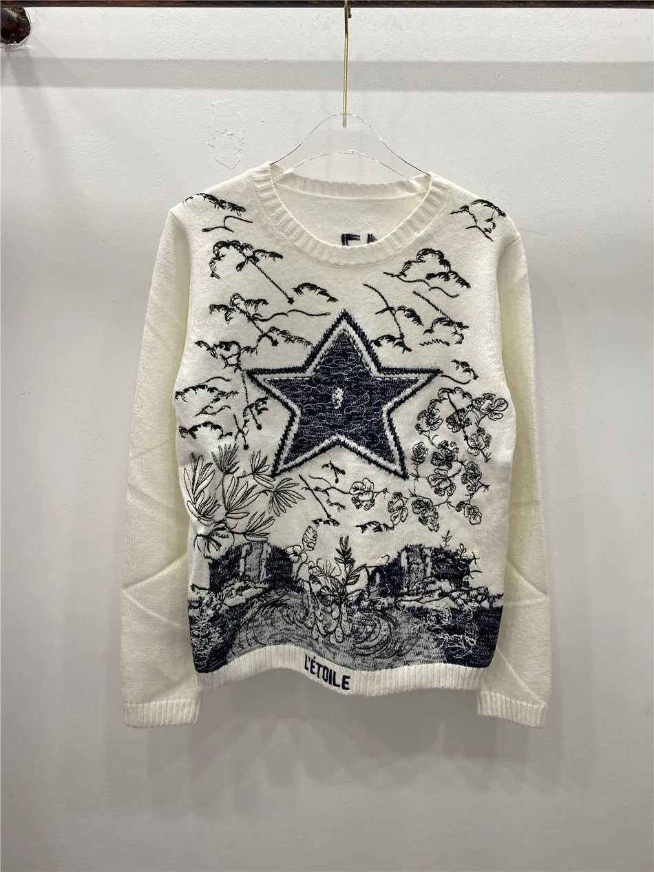 

New round neck pentagram 17 letters embroidered landscape painting wool knitted sweater