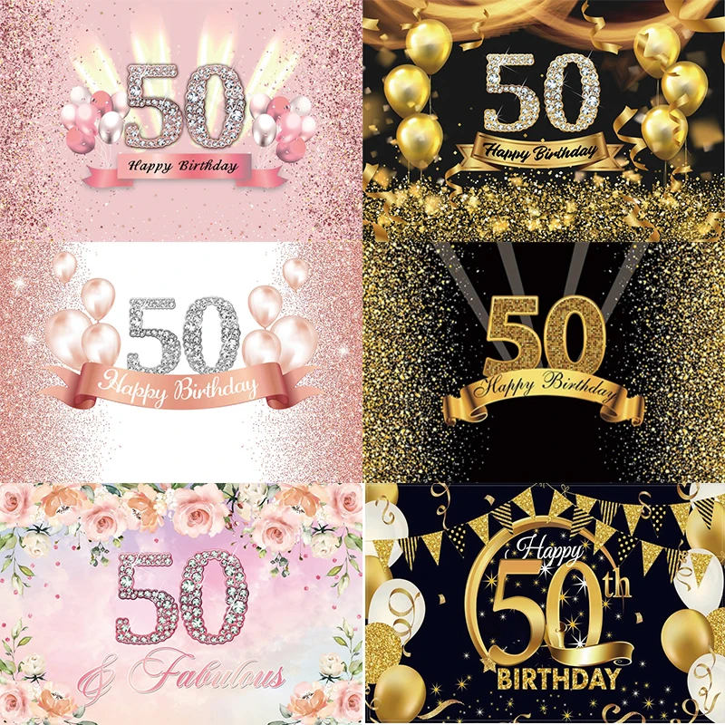 

Sweet Pink 50th Backdrop Women Men Black Gold Happy Birthday Party Fifty Years Photography Background Adult Photographic Banner