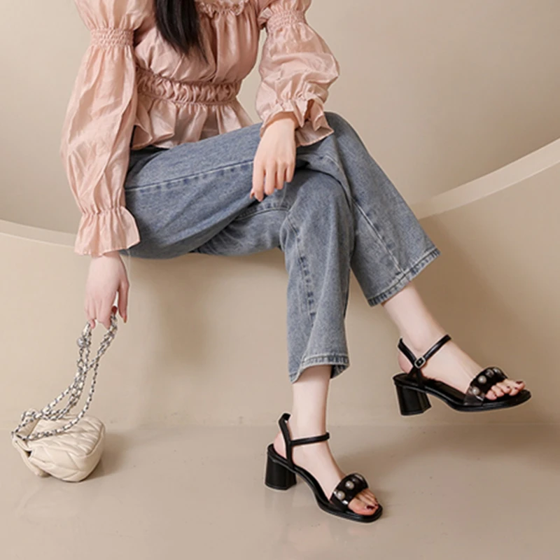 

2023 New Ladies Summer Sandals French Women One-line Belt Mid-heel Chunky Heel Sandals Woman Fashion High Heel Sandals Shoes