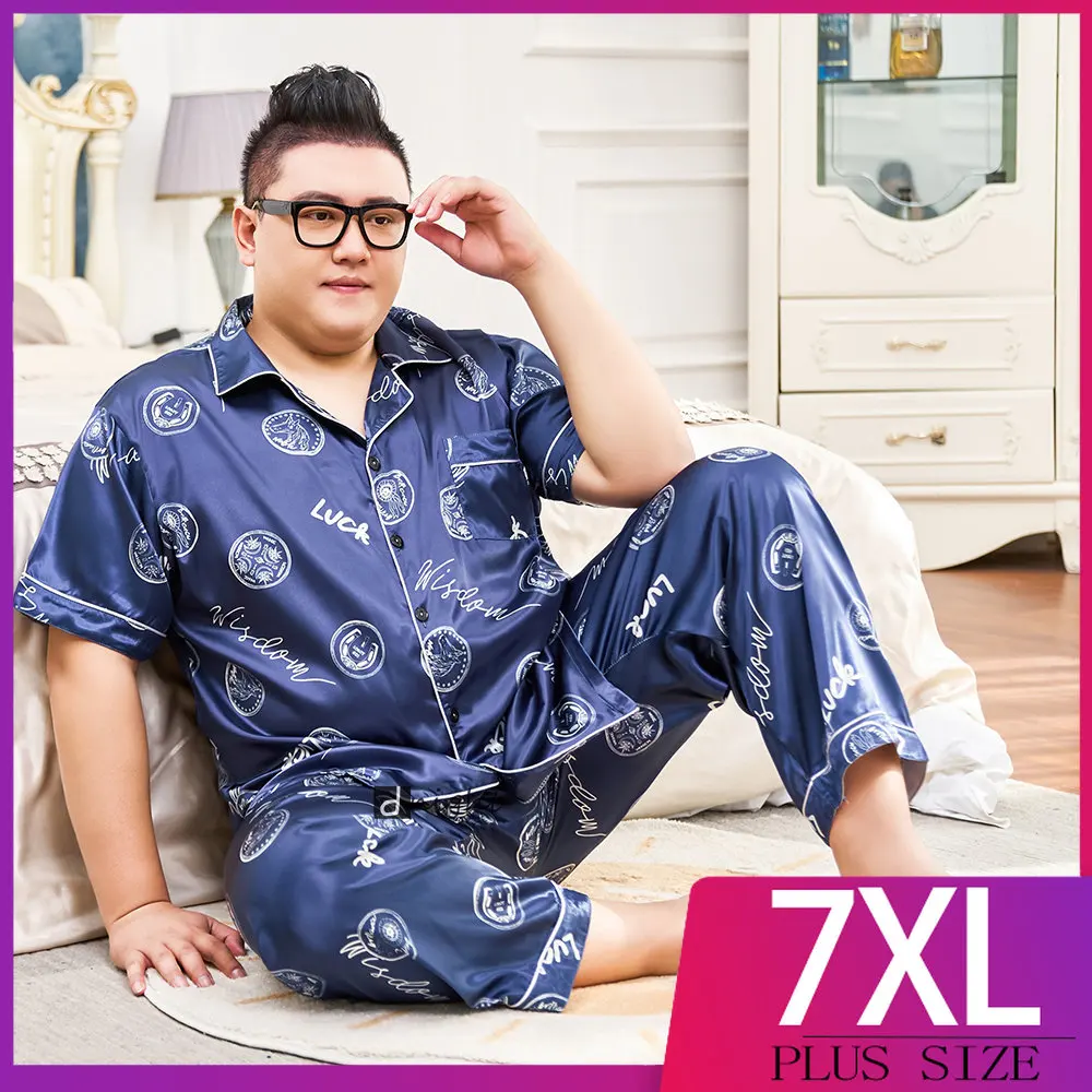 

Summer Sleepwear Silk Satin Pajama Sets with Shorts Pajamas for Men Pyjamas Suit Pijama Men Loungewear Plus Size Pj 3XL-7XL