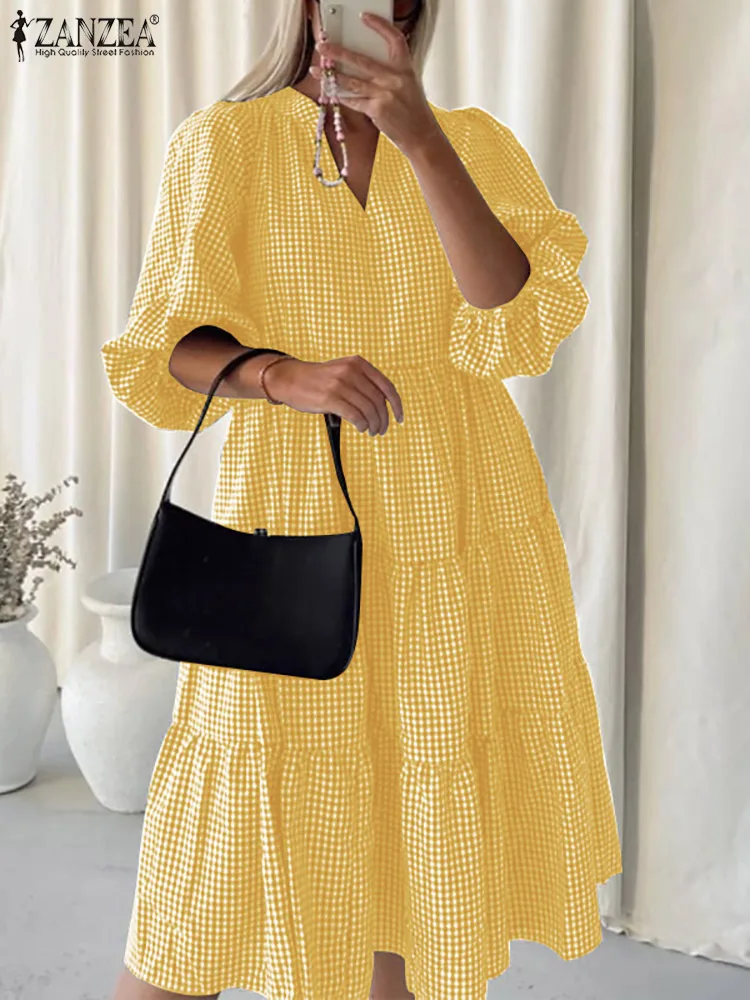 

Женский Повседневный Сарафан в клетку ZANZEA, винтажное платье свободного покроя с рукавами-фонариками и V-образным вырезом, с оборками, стильн...