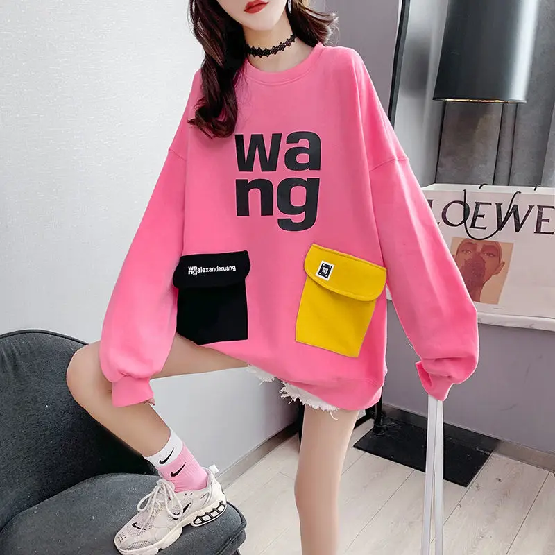 

Женские свитшоты 2022, корейские трикотажные пуловеры с круглым вырезом и карманами, осенне-зимние однотонные Свободные толстовки, однотонна...