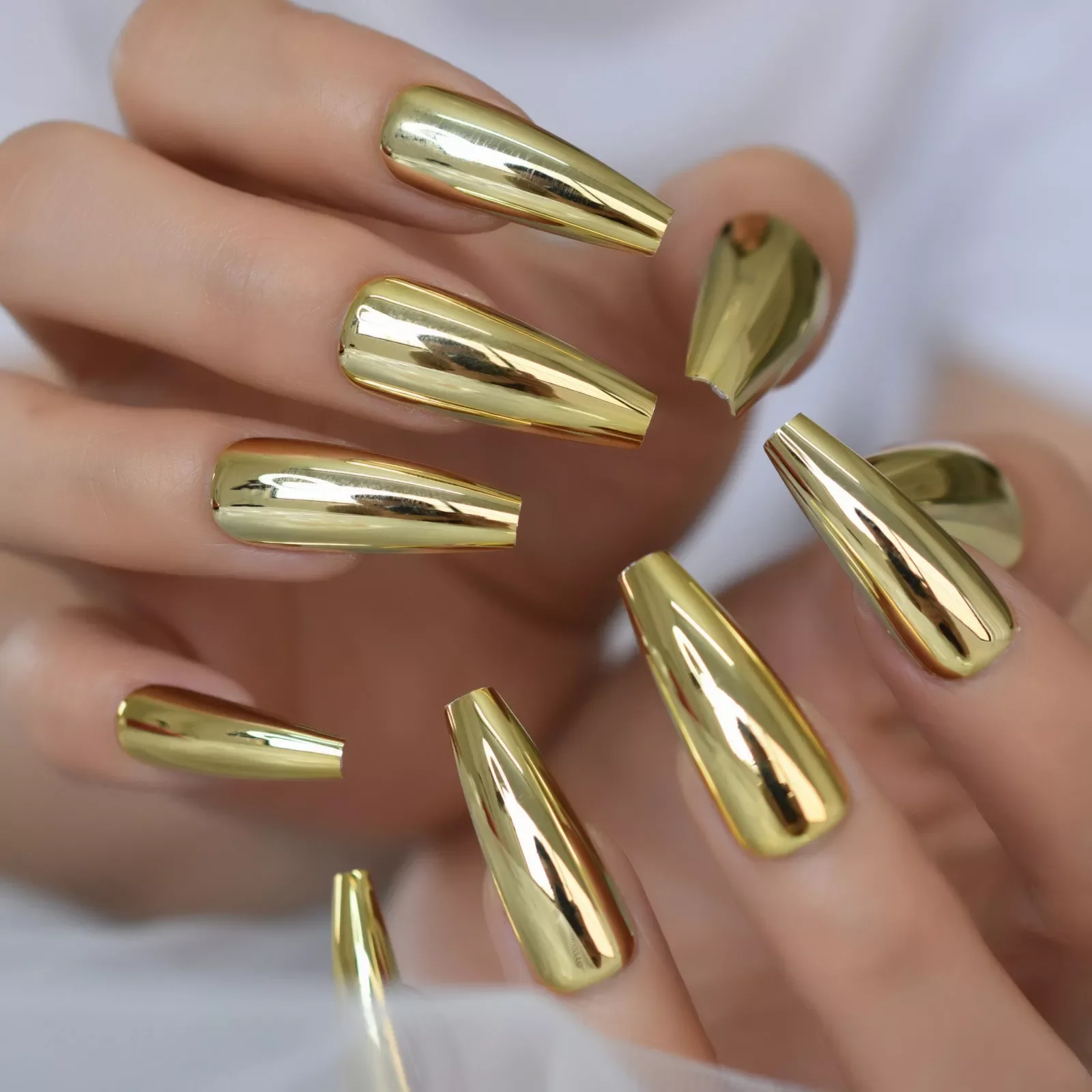 

Metallic Coffin Nail Tips False Nails Long Ballerina Gold Mirror Fake Nails Press On Full Set For Fingernail Decorations