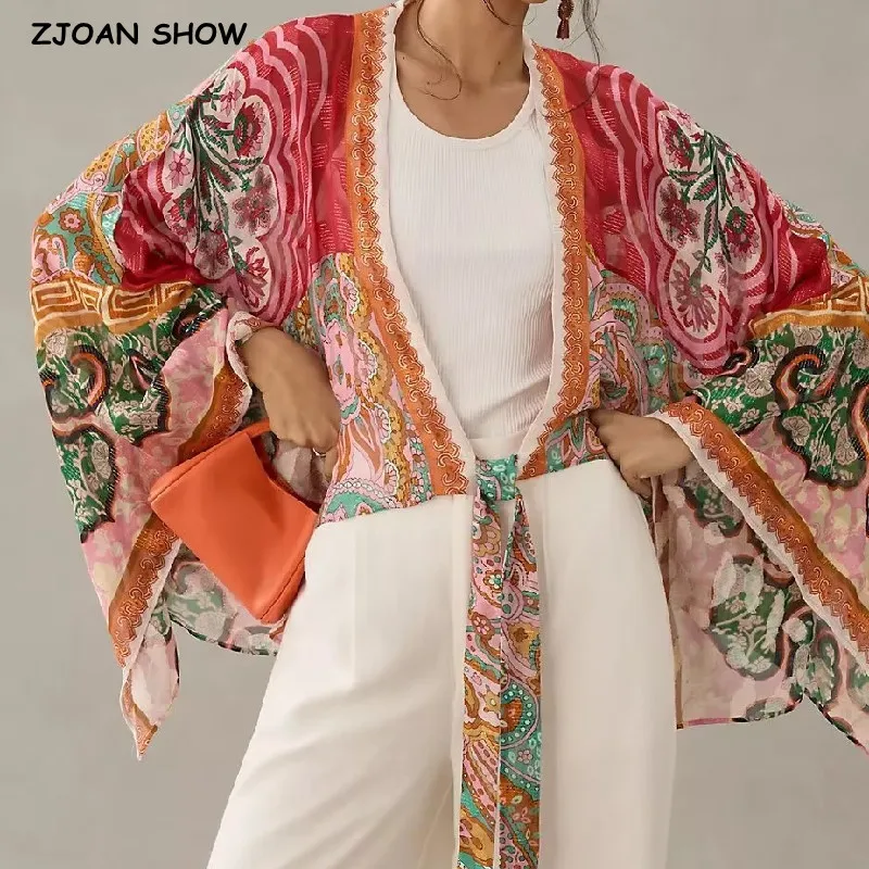 

2023 BOHO Women Totem Paisley Flower Print Kimono Shirt Batwing Sleeve V-Neck Lacing Up Bow Tide Cardigan Summer Beach Cape