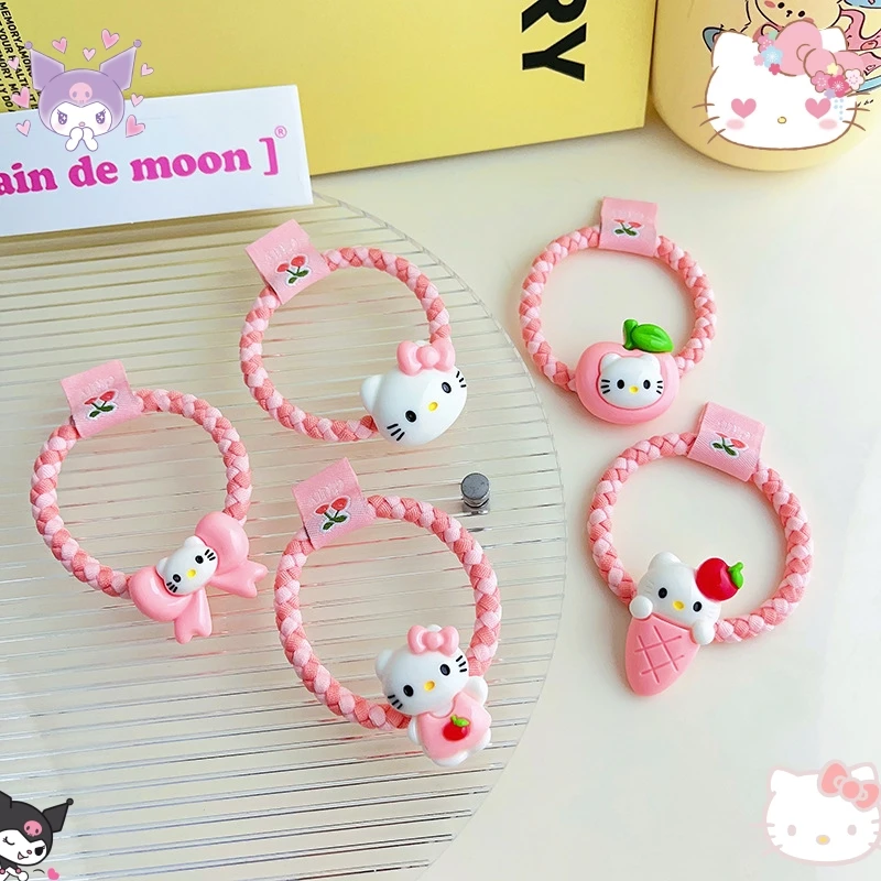 

5Pcs Hello Kitty Anime Hair Pin Cartoon Hair Accessories Girl Rubber Band High Elastic Headwear Wholesale Hair Ropes and Circles