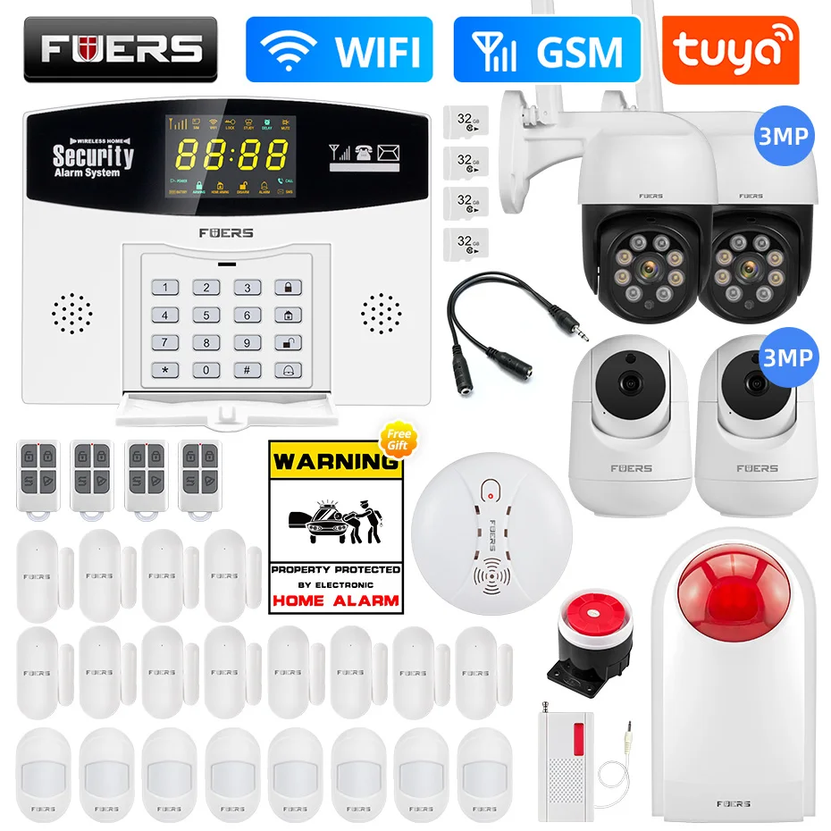Fuers W210 Tuya Smart Alarm System Kit WIFI GSM Burglar Alarm Smart Home Alarm System Color LCD Display Security 3MP IP Camera