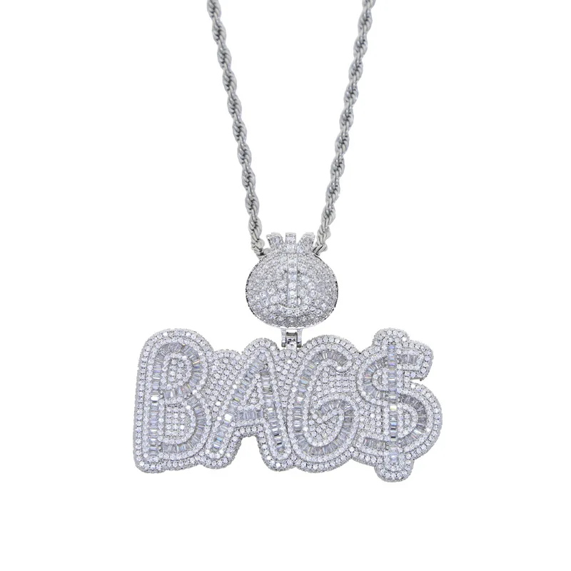 

New Iced Out Bling Letters Bag Pendant Necklace Rectangle CZ 5A Zircon Money Dollar Sign Charm Men's Women Hip Hop Jewelry