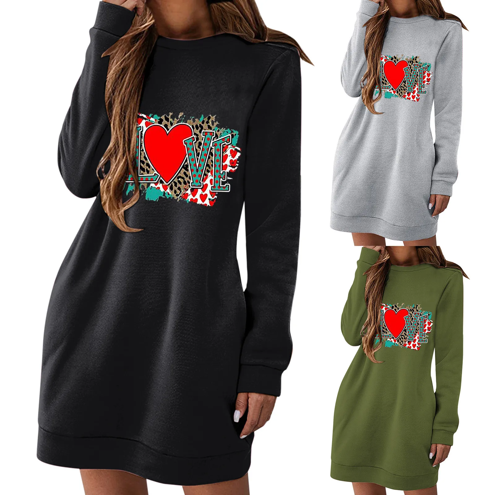 

Women Casual Dresses Round Neck Sweatshirt Long Sleeve Love Sweatshirt Mini Dress Elastic Waistband Dress Pants for Women