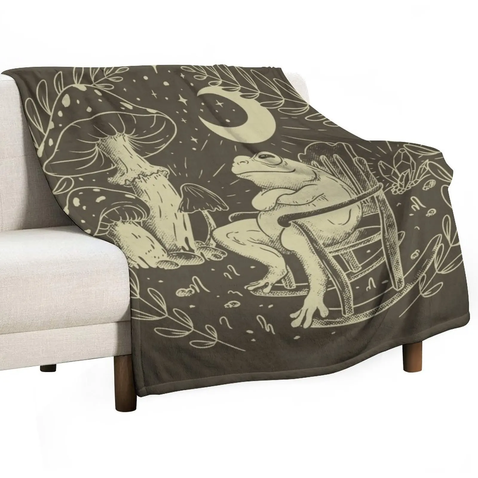 Goblincore Aesthetic Cottagecore Frog Chilling - Хаки waiting for grzyb to grow Mycology Fungi Shrooms Fo Throw Blanket