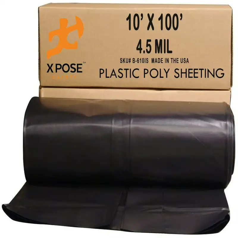 

Poly Sheeting - 10 x 100 Feet Heavy Duty, 4.5 Mil Thick Black Plastic Tarp Waterproof Vapor and Dust Protective Equipment Cover