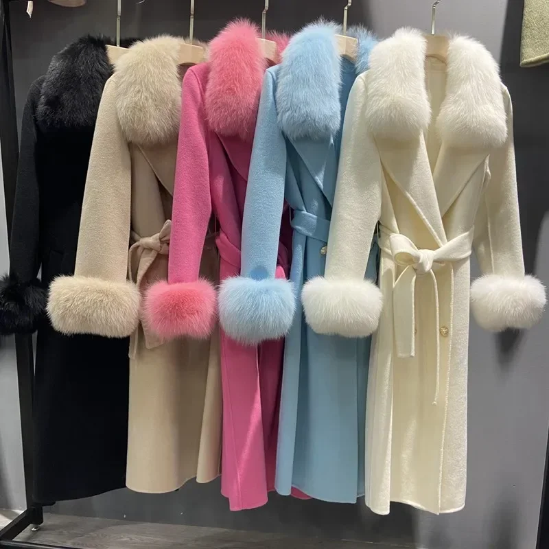 

New Fashion 100% Natural Cashmere Coat for Women with Fox Fur Collar and Cuff Luxury Lady Wool Sheep Fur Long Autumn Fur Coat