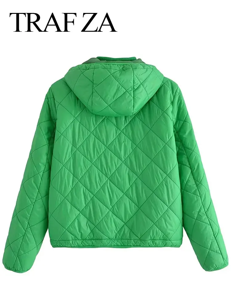 TRAF ZA Autumn Women Hooded Cotton Coats Fashion Solid Vintage Long Sleeve Zipper Pocket Warm Jackets Winter Women's Clothing