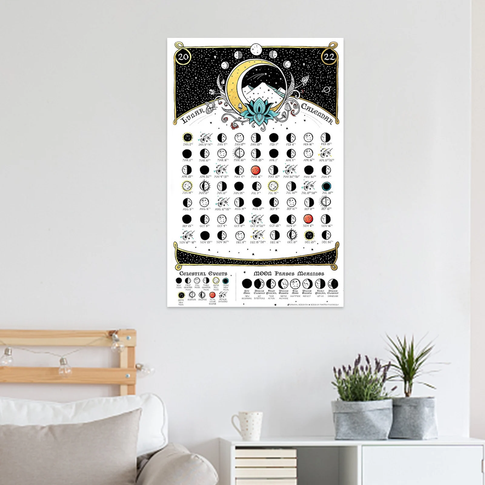 

Moon Calendar 2022 Lunar Phases Hangable Lunar Wall Calendar Moon Tracker Space Lunar Wall Poster Full Moon Tracker Wall Art For