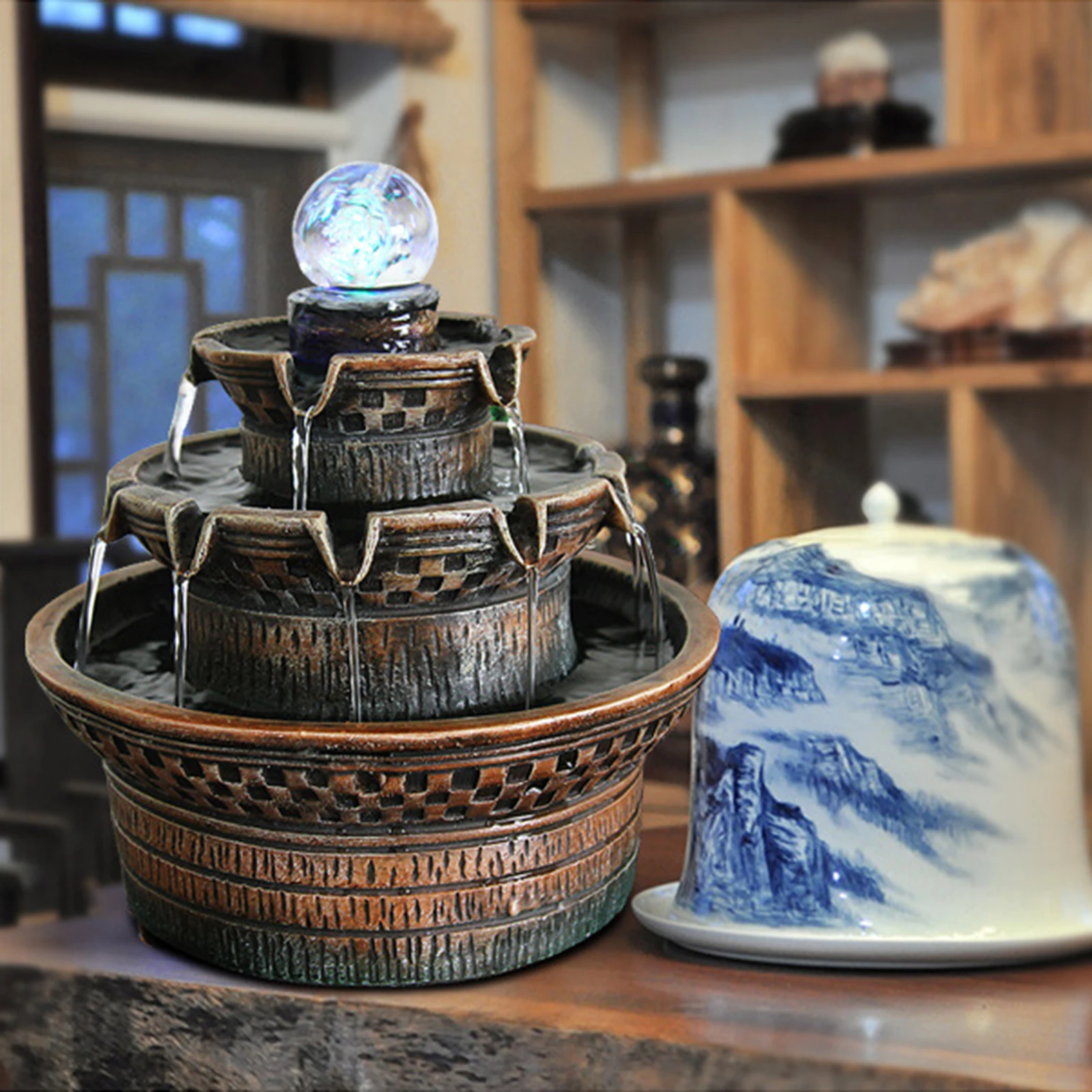 

3-Tiers Indoor Zen Water Fountain Tabletop Waterfall Relaxation Desktop Decor with LED Light