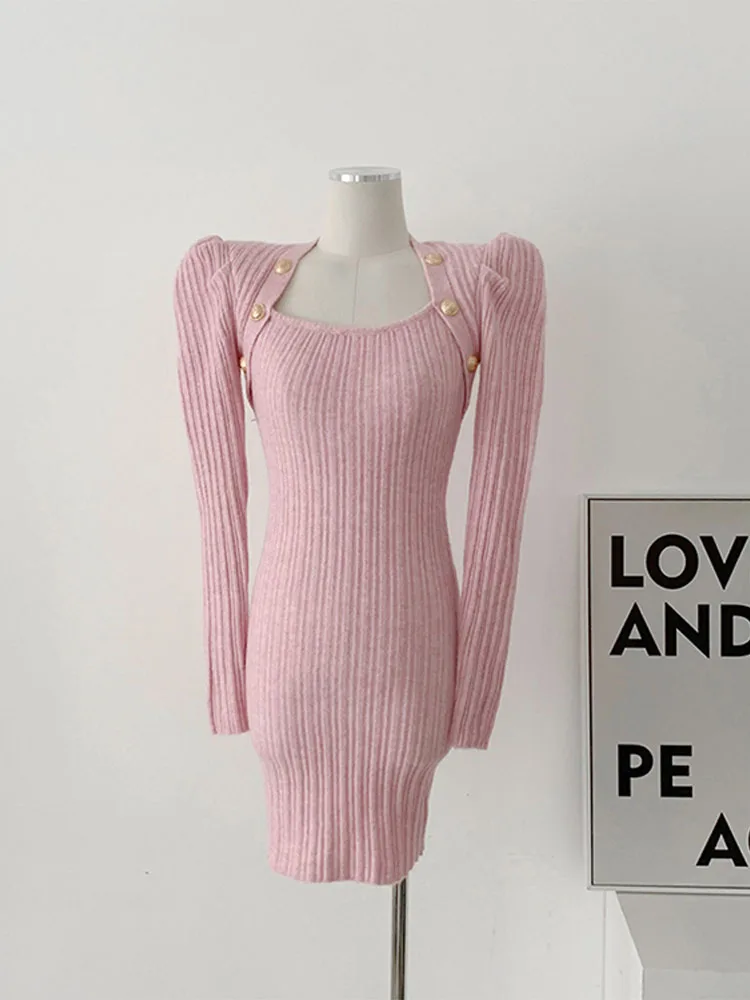 

Fake Two Pieces Solid Color Women Midi Soft Dress 2022 Autumn Square Collar Cozy Female Cozy Frocks Slim Gold Button Elegance