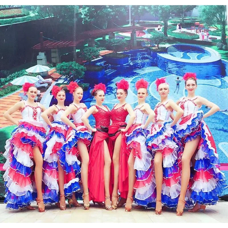 

Карнавальный костюм для французского танца, юбка 360, сценическое платье, откровенные открытые танцевальные платья