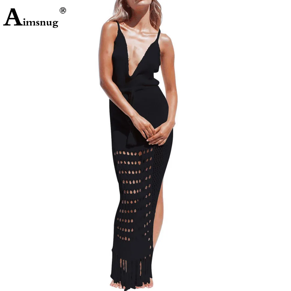 2022 Sexy Mesh Beach Cover up Maxi Dress Pareos Women's Tassel Knitted Cover-ups Hollow Out Swim Dresses Long Plage Beachwear
