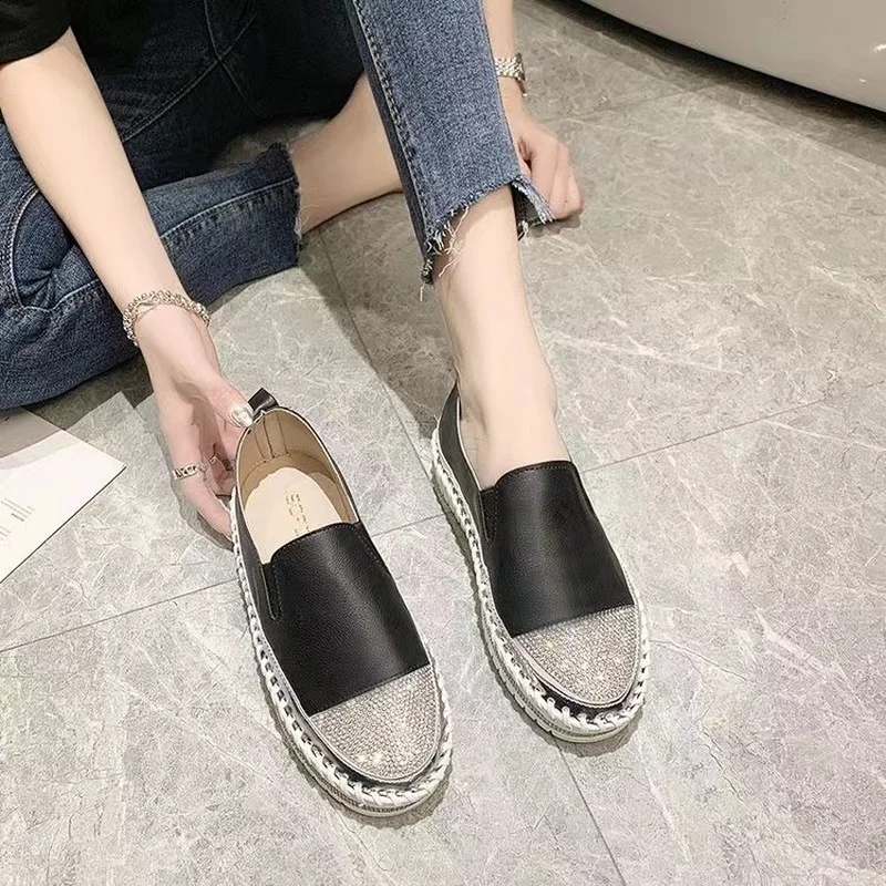 

Round Toe Leather Flats Shoes Women Silver Bling Loafers Couple Platform Shoes Woman Flat with Students Size 43 Loafers Women