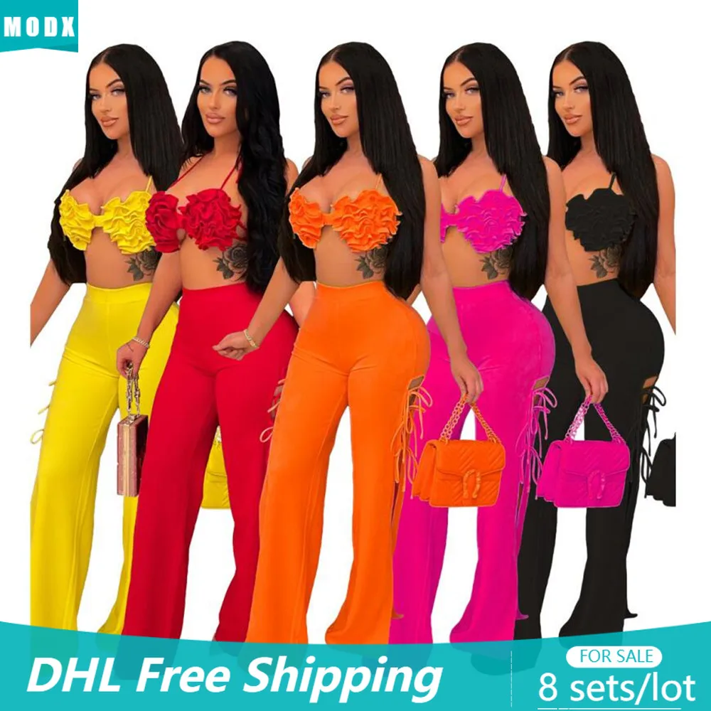 

MODX Wholesale Women 2 Piece Pants Sets Summer Sexy Halter Boob Tube Top and Bandage Flare Pants Fashion Women's Outfits 7789