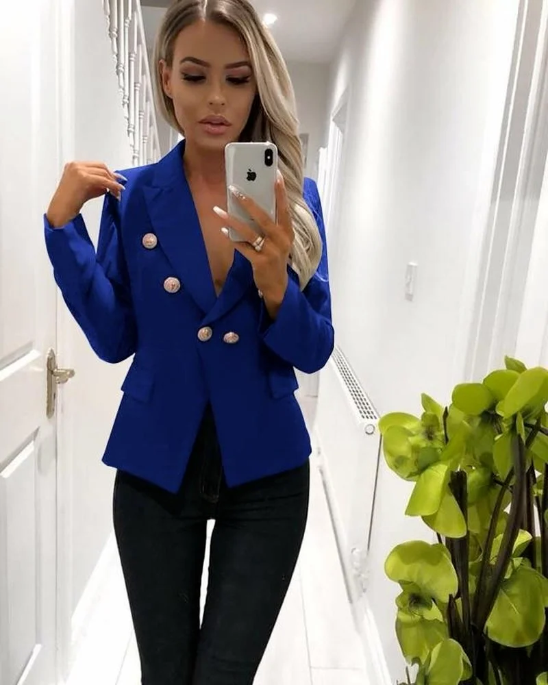 Slim Blazer Women Solid Colors Double Breasted Casual Office Blazer with Fake Pocket 2021 Large Work Wear Formal Clothing