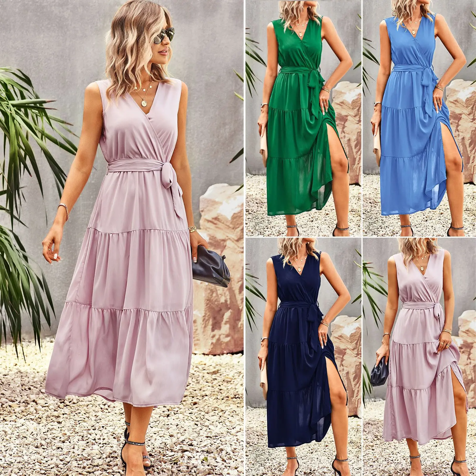 

Women Summer Fashion V-neck Solid Color Sleeveless Waist Retraction Lace Up Patchwork Temperament Elegant Dress Robe Dress
