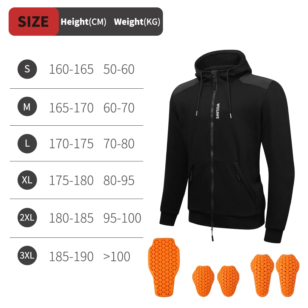 

Мужская зимняя толстовка WOSAWE в мотоциклетном стиле с капюшоном, на молнии, с вставками для защиты плеч, локтей и спины.