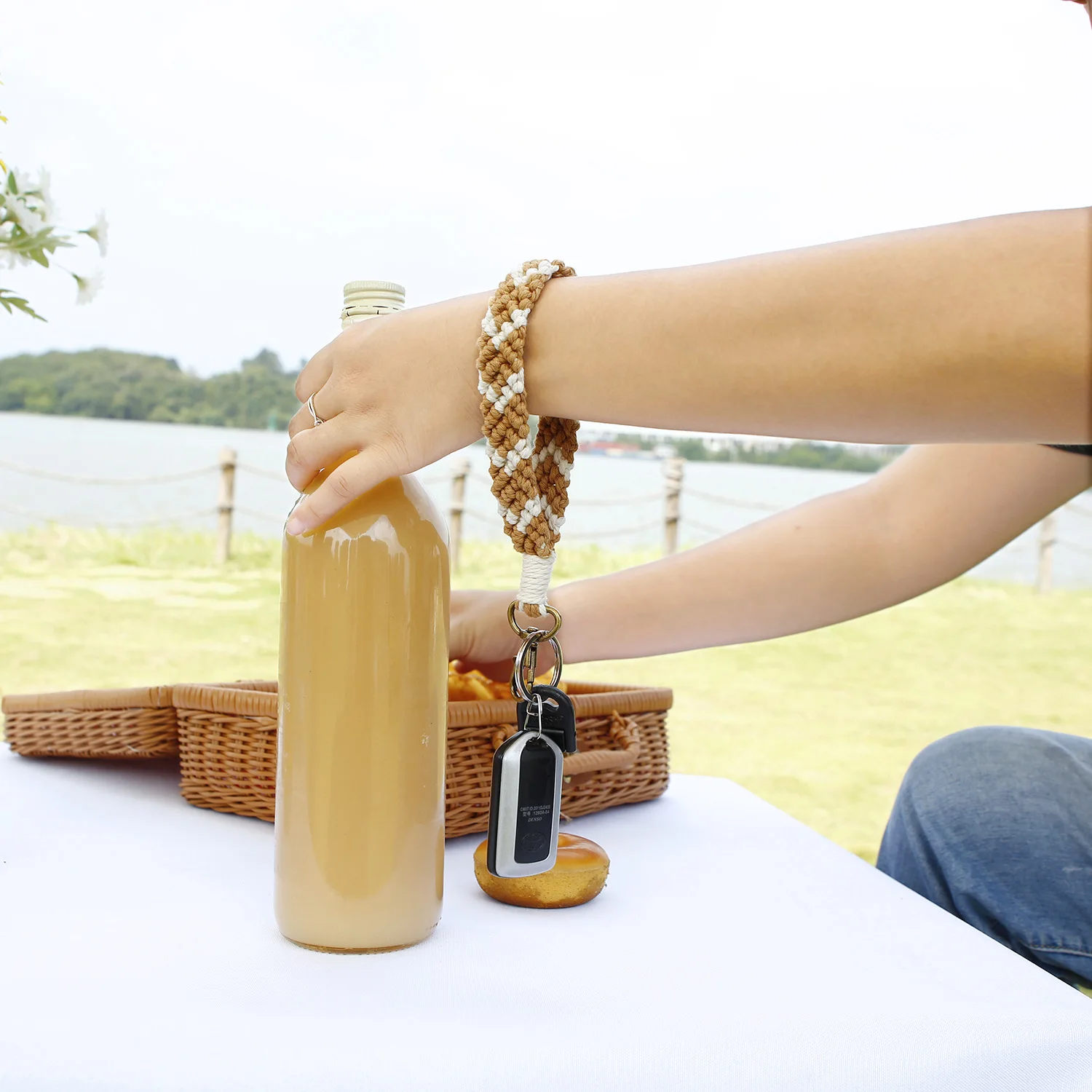 Custom Family Photo Keychain Woven Handmade Keychain Engraved Your text Pandent Personalized Handmade BOHO Cotton Beige Macrame