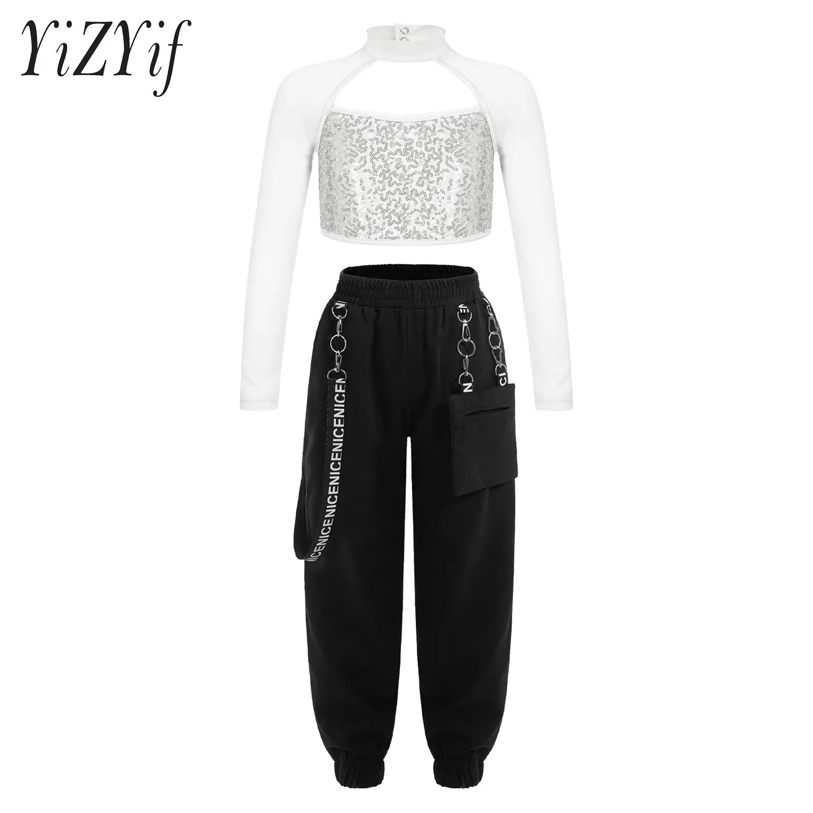 Укороченный топ с блестками и открытой спиной для девочек брюками бега