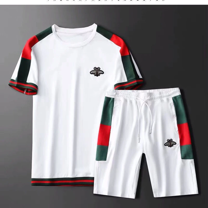 

Ice Silk Men's Set Men's Set 2022 Summer New Short Sleeve T-shirt Five-point Pants Two-piece Large Size Men's Set