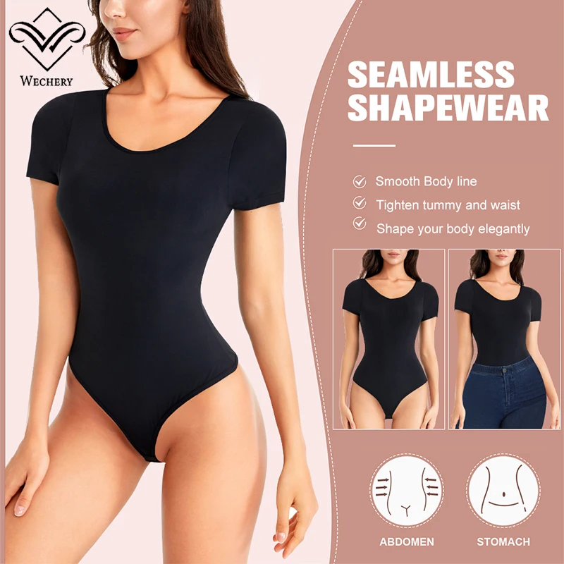 Black Skinny Bodysuit Short Sleeve Women Body Streetwear Sexy Bodycon Shapewear Top Stretch Waist Shaper
